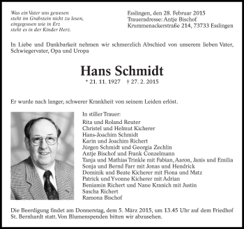 Traueranzeige von Hans Schmidt von Eßlinger Zeitung/Cannstatter Zeitung