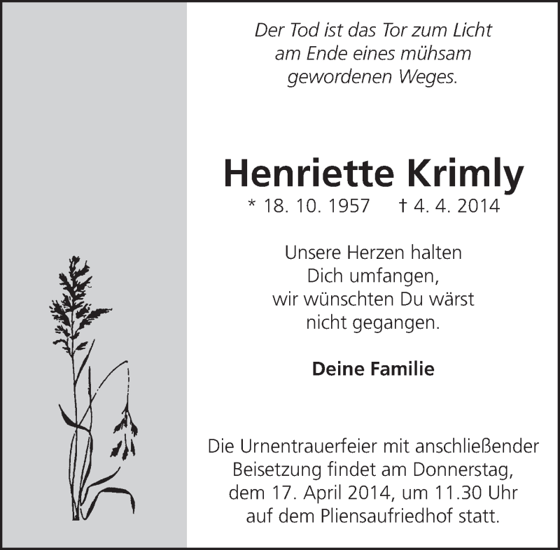  Traueranzeige für Henriette Krimly vom 12.04.2014 aus Eßlinger Zeitung/Cannstatter Zeitung