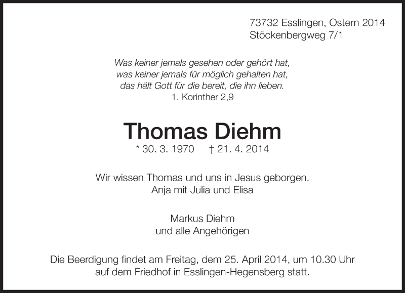  Traueranzeige für Thomas Diehm vom 23.04.2014 aus Eßlinger Zeitung/Cannstatter Zeitung