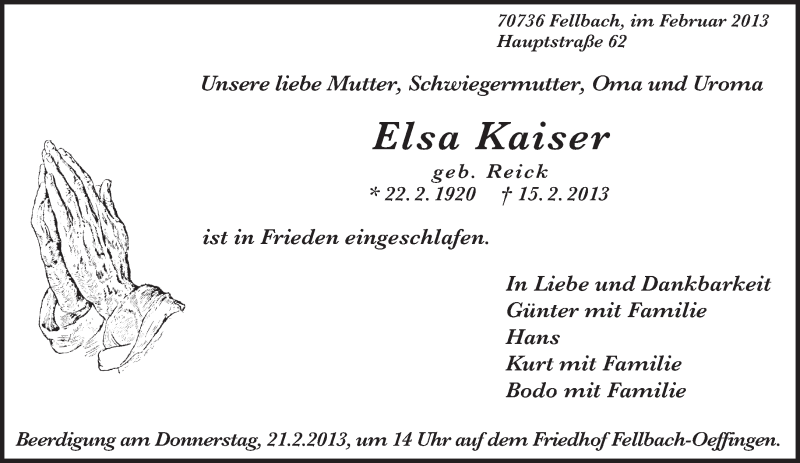  Traueranzeige für Elsa Kaiser vom 18.02.2013 aus Eßlinger Zeitung/Cannstatter Zeitung