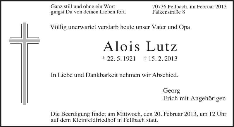  Traueranzeige für Alois Lutz vom 18.02.2013 aus Eßlinger Zeitung/Cannstatter Zeitung