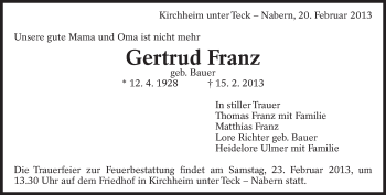 Traueranzeige von Gertrud Franz von Eßlinger Zeitung/Cannstatter Zeitung