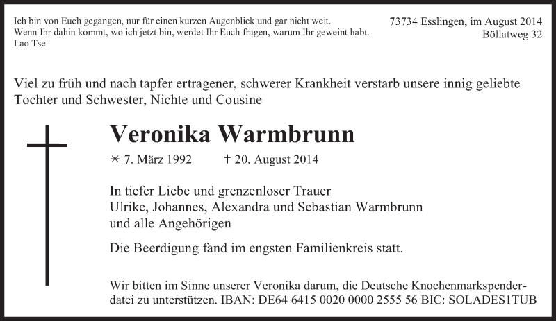  Traueranzeige für Veronika Warmbrunn vom 30.08.2014 aus Eßlinger Zeitung/Cannstatter Zeitung