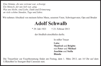 Traueranzeige von Adolf Schwalb von Eßlinger Zeitung/Cannstatter Zeitung