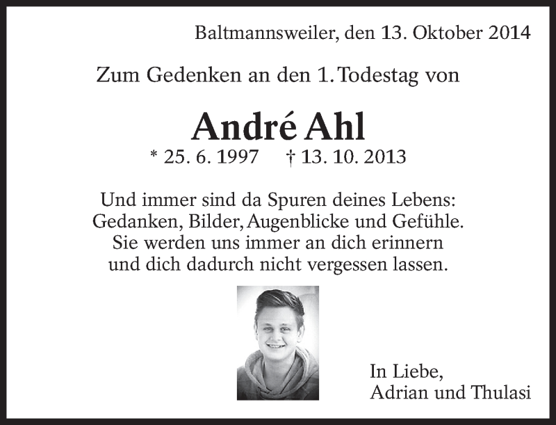 Traueranzeige für André Ahl vom 13.10.2014 aus Eßlinger Zeitung/Cannstatter Zeitung