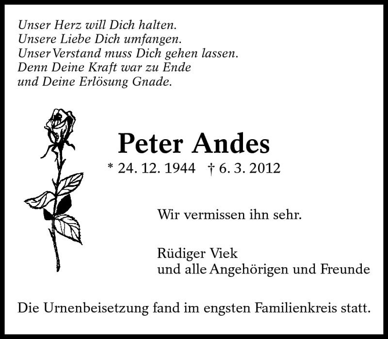  Traueranzeige für Peter Andes vom 03.04.2012 aus Eßlinger Zeitung/Cannstatter Zeitung