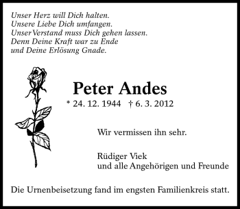 Traueranzeige von Peter Andes von Eßlinger Zeitung/Cannstatter Zeitung