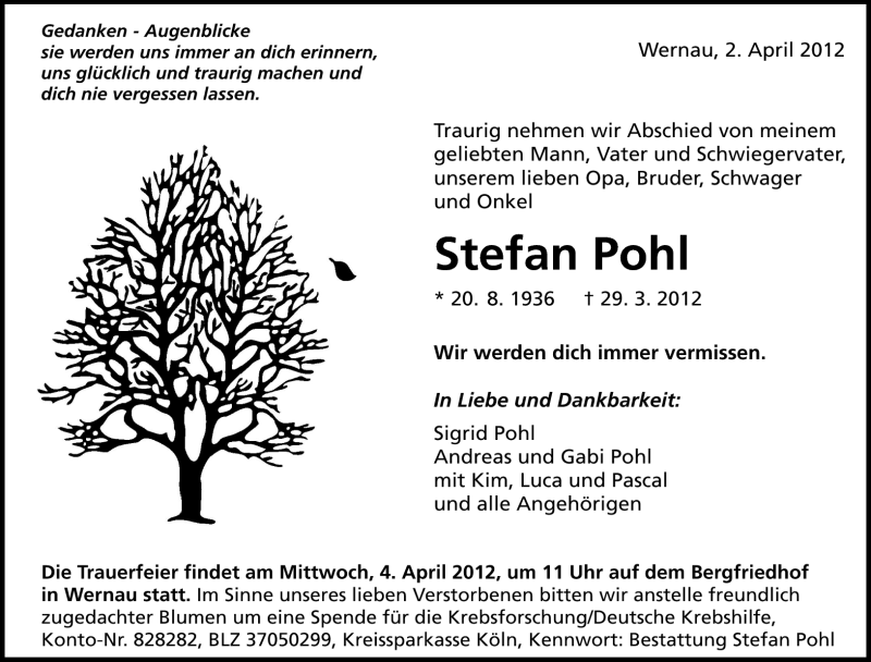  Traueranzeige für Stefan Pohl vom 02.04.2012 aus Eßlinger Zeitung/Cannstatter Zeitung