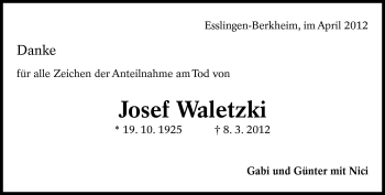 Traueranzeige von Josef Waletzki von Eßlinger Zeitung/Cannstatter Zeitung