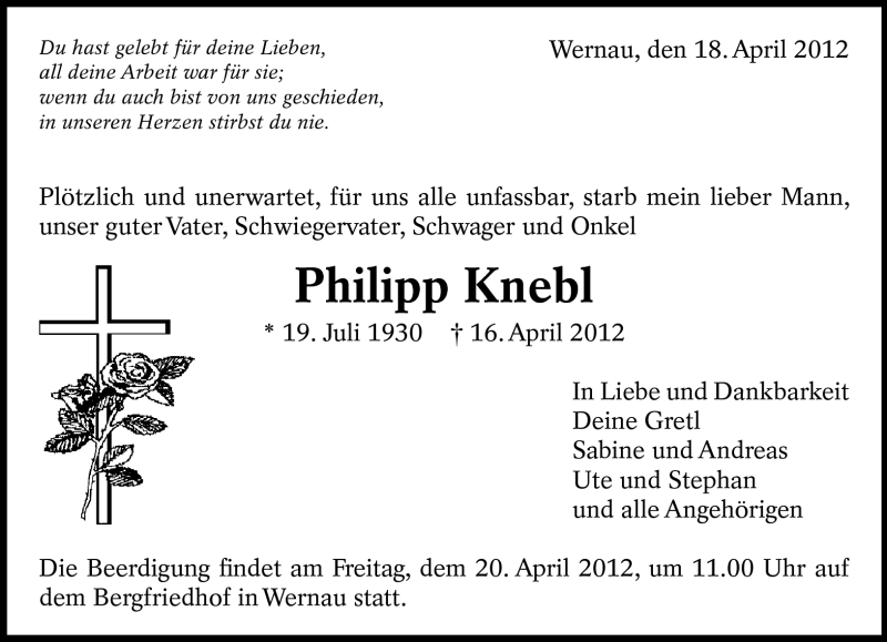 Traueranzeige für Philipp Knebl vom 18.04.2012 aus Eßlinger Zeitung/Cannstatter Zeitung