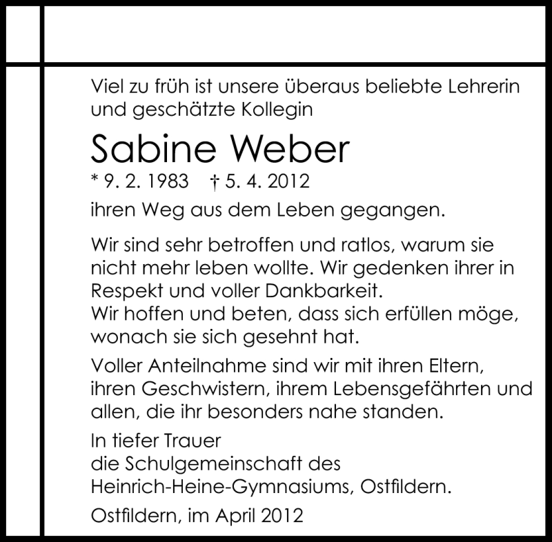  Traueranzeige für Sabine Weber vom 20.04.2012 aus Eßlinger Zeitung/Cannstatter Zeitung