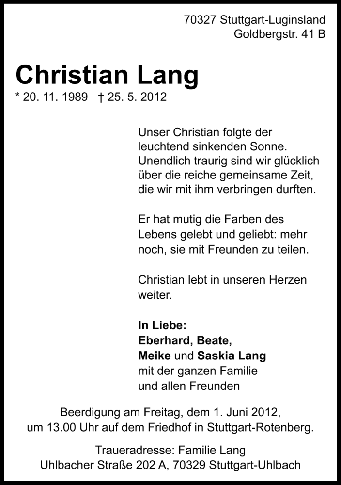  Traueranzeige für Christian Lang vom 30.05.2012 aus Eßlinger Zeitung/Cannstatter Zeitung