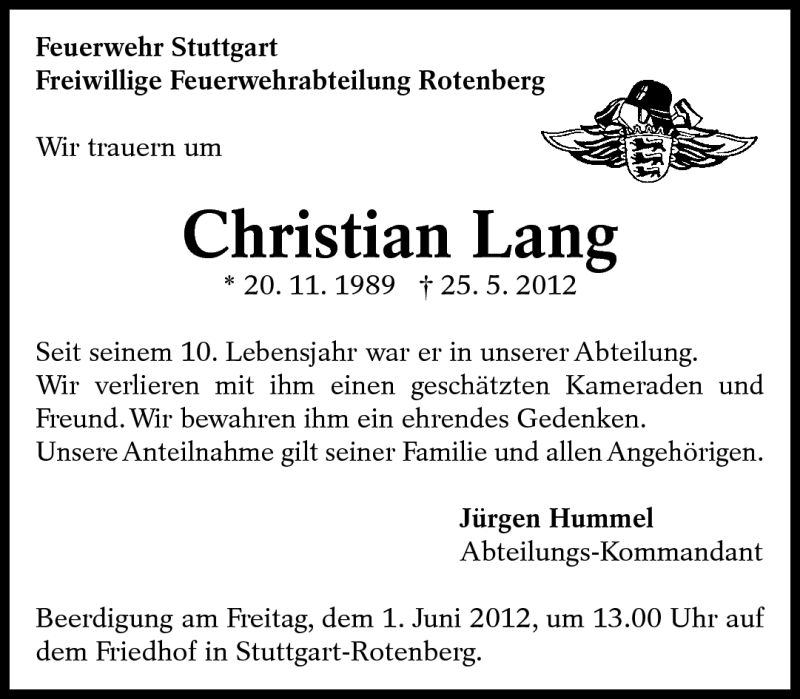  Traueranzeige für Christian Lang vom 31.05.2012 aus Eßlinger Zeitung/Cannstatter Zeitung