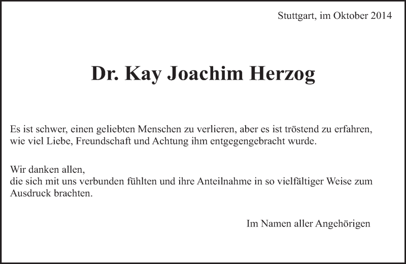  Traueranzeige für Kay Joachim Herzog vom 08.11.2014 aus Eßlinger Zeitung/Cannstatter Zeitung
