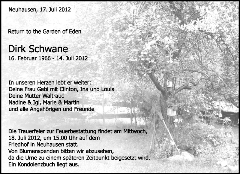  Traueranzeige für Dirk Schwane vom 17.07.2012 aus Eßlinger Zeitung/Cannstatter Zeitung