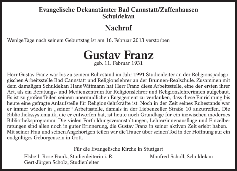  Traueranzeige für Gustav Franz vom 27.02.2013 aus Eßlinger Zeitung/Cannstatter Zeitung