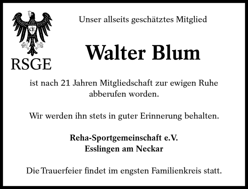  Traueranzeige für Walter Blum vom 30.10.2012 aus Eßlinger Zeitung/Cannstatter Zeitung