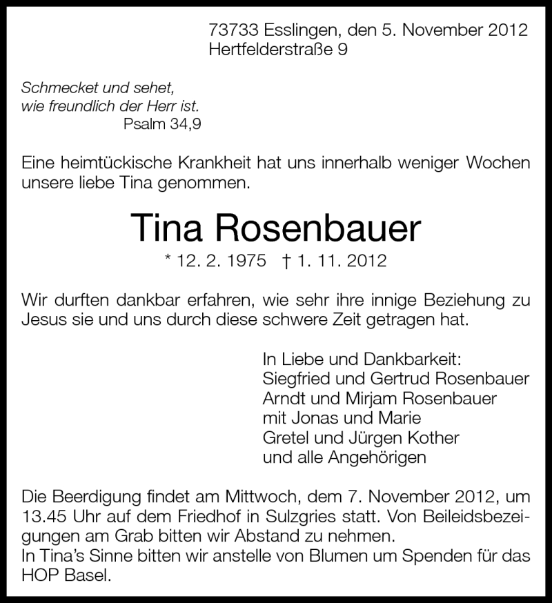  Traueranzeige für Tina Rosenbauer vom 05.11.2012 aus Eßlinger Zeitung/Cannstatter Zeitung