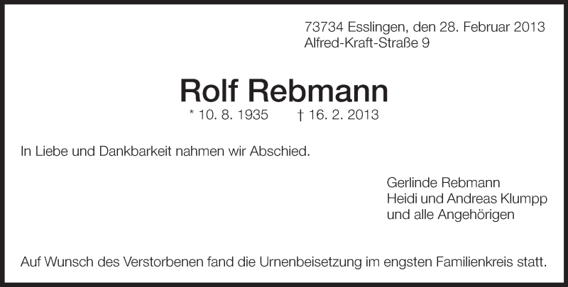  Traueranzeige für Rolf Rebmann vom 28.02.2013 aus Eßlinger Zeitung/Cannstatter Zeitung