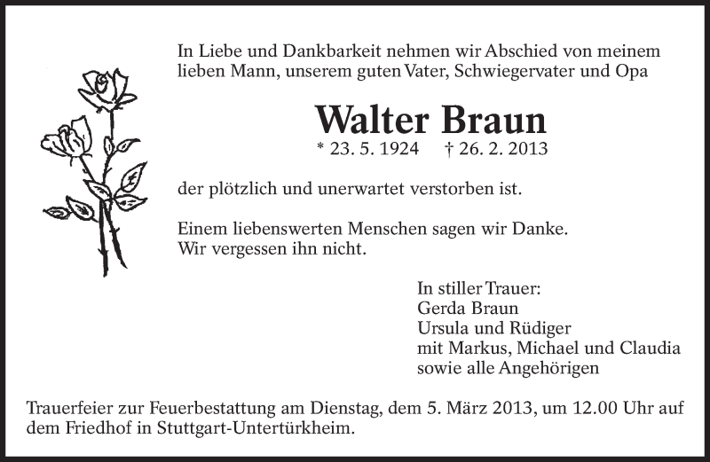  Traueranzeige für Walter Braun vom 01.03.2013 aus Eßlinger Zeitung/Cannstatter Zeitung