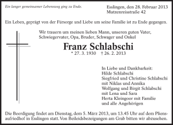 Traueranzeige von Franz Schlabschi von Eßlinger Zeitung/Cannstatter Zeitung