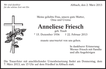 Traueranzeige von Anneliese Friesch von Eßlinger Zeitung/Cannstatter Zeitung