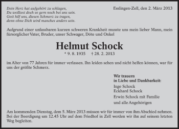 Traueranzeige von Helmut Schock von Eßlinger Zeitung/Cannstatter Zeitung