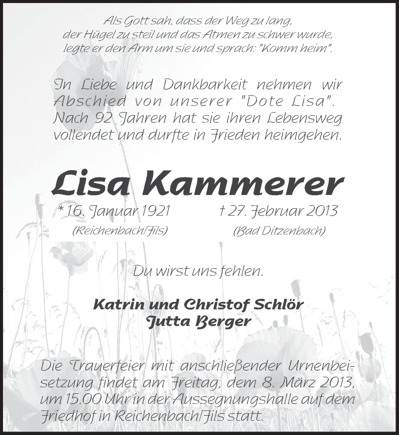  Traueranzeige für Lisa Kammerer vom 05.03.2013 aus Eßlinger Zeitung/Cannstatter Zeitung