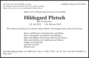 Traueranzeige von Hildegard Pfetsch von Eßlinger Zeitung/Cannstatter Zeitung
