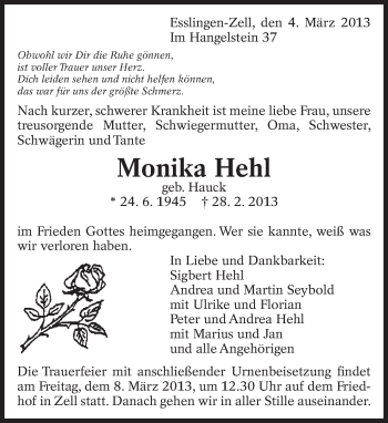 Traueranzeige von Monika Hehl von Eßlinger Zeitung/Cannstatter Zeitung