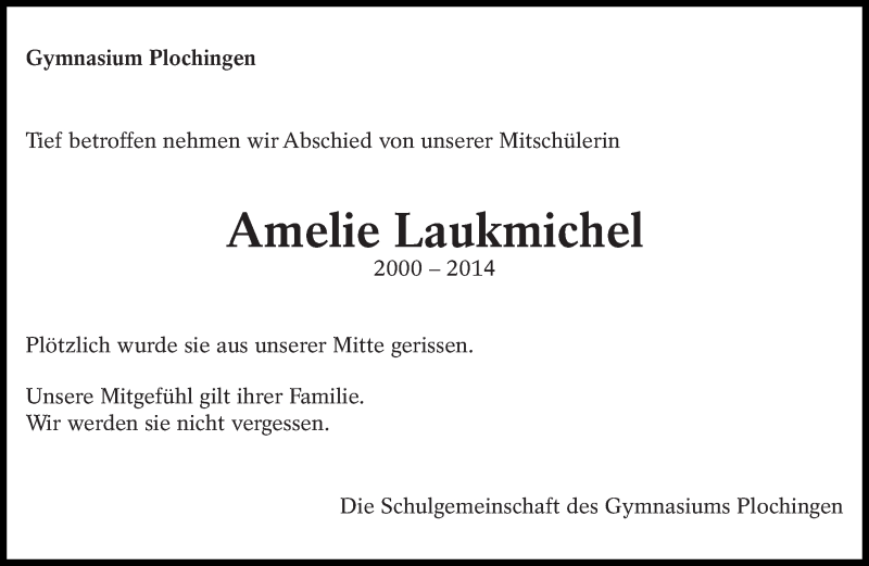  Traueranzeige für Amelie Laukmichel vom 27.12.2014 aus Eßlinger Zeitung/Cannstatter Zeitung