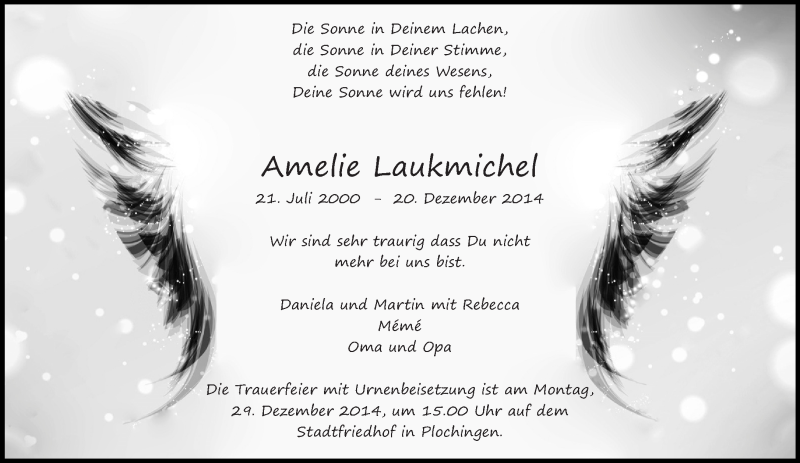  Traueranzeige für Amelie Laukmichel vom 23.12.2014 aus Eßlinger Zeitung/Cannstatter Zeitung