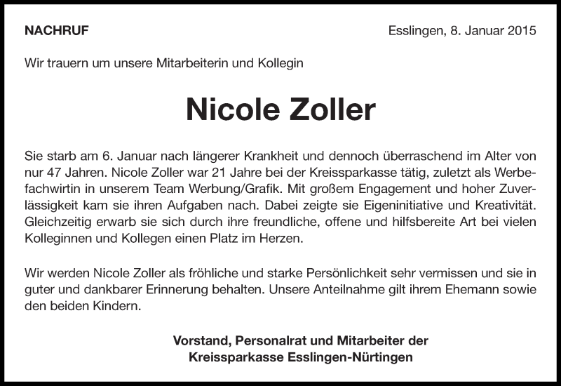  Traueranzeige für Nicole Zoller vom 08.01.2015 aus Eßlinger Zeitung/Cannstatter Zeitung
