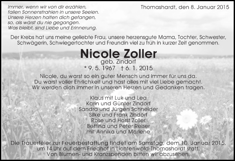  Traueranzeige für Nicole Zoller vom 08.01.2015 aus Eßlinger Zeitung/Cannstatter Zeitung