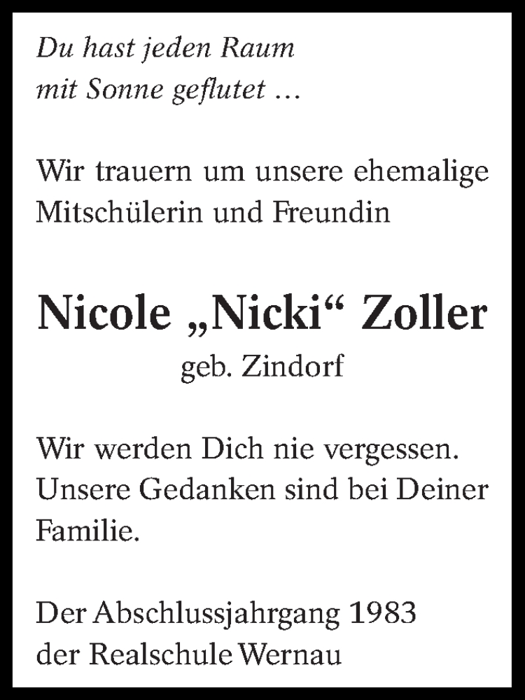  Traueranzeige für Nicole Zoller vom 10.01.2015 aus Eßlinger Zeitung/Cannstatter Zeitung