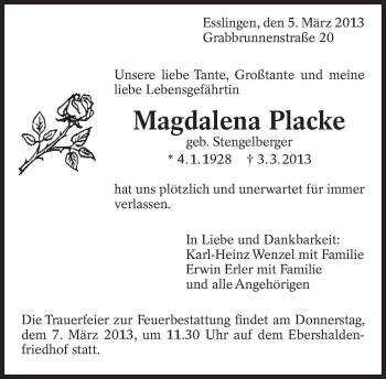 Traueranzeige von Magdalena Placke von Eßlinger Zeitung/Cannstatter Zeitung