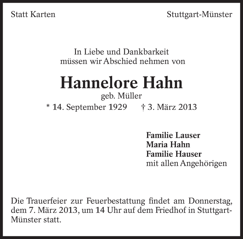  Traueranzeige für Hannelore Hahn vom 05.03.2013 aus Eßlinger Zeitung/Cannstatter Zeitung