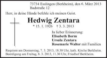Traueranzeige von Hedwig Zentara von Eßlinger Zeitung/Cannstatter Zeitung