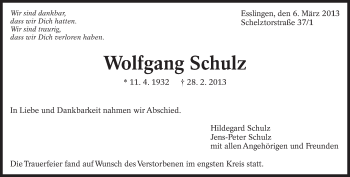 Traueranzeige von Wolfgang Schulz von Eßlinger Zeitung/Cannstatter Zeitung