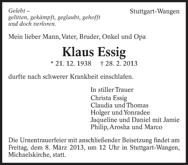  Traueranzeige für Klaus Essig vom 06.03.2013 aus Eßlinger Zeitung/Cannstatter Zeitung