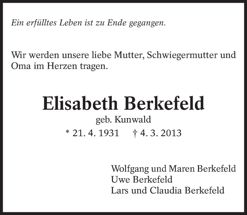  Traueranzeige für Elisabeth Berkefeld vom 06.03.2013 aus Eßlinger Zeitung/Cannstatter Zeitung