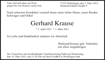 Traueranzeige von Gerhard Krause von Eßlinger Zeitung/Cannstatter Zeitung