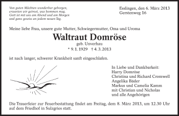 Traueranzeige von Waltraut Domröse von Eßlinger Zeitung/Cannstatter Zeitung