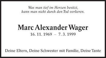 Traueranzeige von Marc Alexander Wager von Eßlinger Zeitung/Cannstatter Zeitung