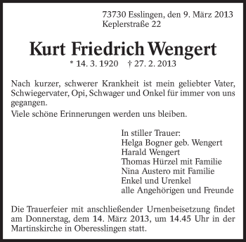 Traueranzeige von Kurt Friedrich Wengert von Eßlinger Zeitung/Cannstatter Zeitung