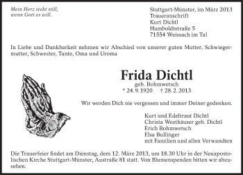 Traueranzeige von Frida Dichtl von Eßlinger Zeitung/Cannstatter Zeitung
