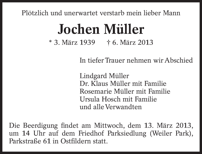  Traueranzeige für Jochen Müller vom 09.03.2013 aus Eßlinger Zeitung/Cannstatter Zeitung