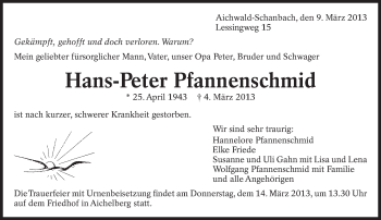 Traueranzeige von Hans-Peter Pfannenschmid von Eßlinger Zeitung/Cannstatter Zeitung