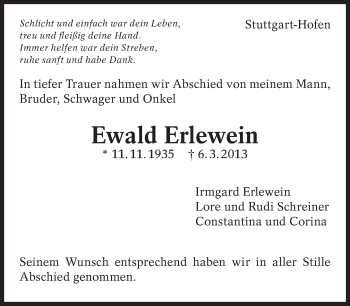 Traueranzeige von Ewald Erlewein von Eßlinger Zeitung/Cannstatter Zeitung