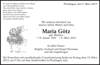 Traueranzeige von Maria Götz von Eßlinger Zeitung/Cannstatter Zeitung